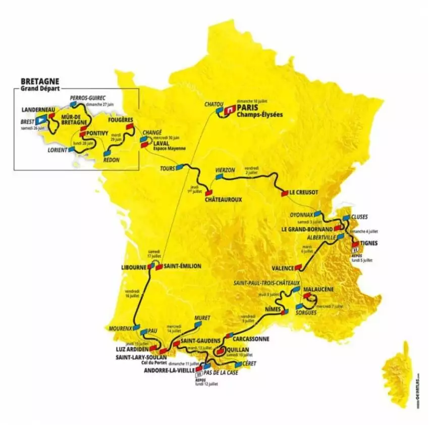 Kompletní mapa závodu se všemi etapami na Tour de France 2021
