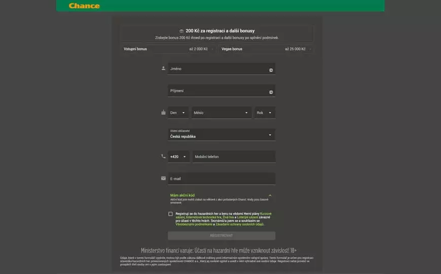 Chance registracni formular