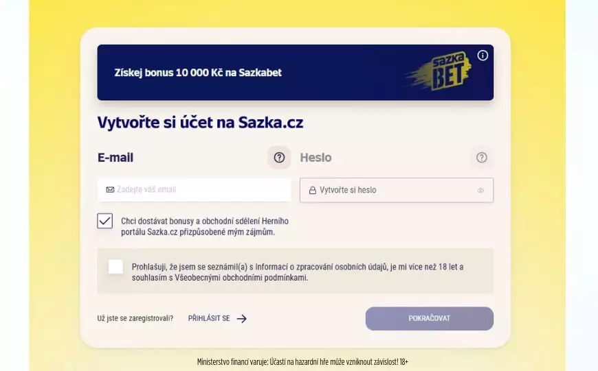 Sazkabet registrační formulář