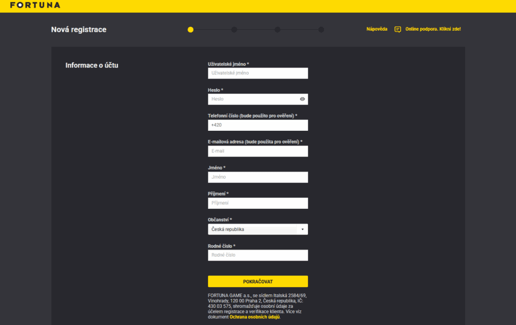 Fortuna registrační formulář